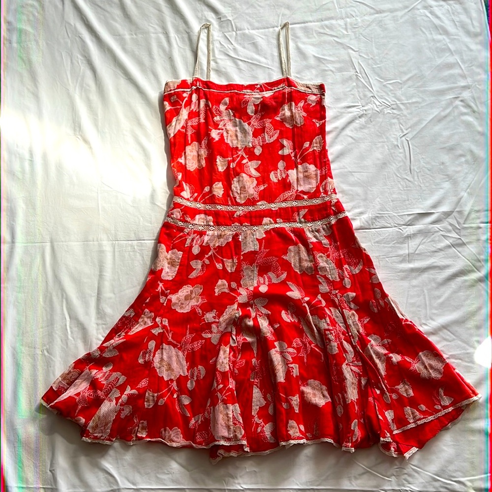 French Connection Coral Red Floral Midi Dress